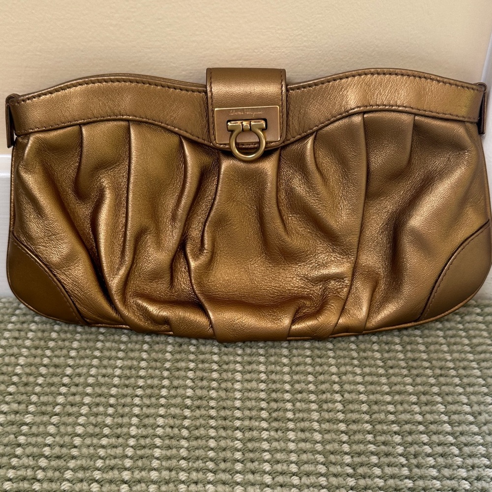 Gold Ferragamo leather  Clutch Bag